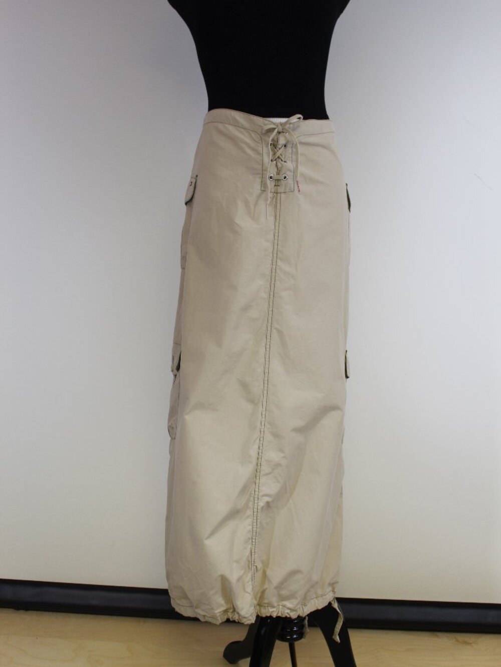 Tommy Girl Jeans Y2K Khaki Cargo Maxi Skirt Lace Up Waist Parachute Utility Size